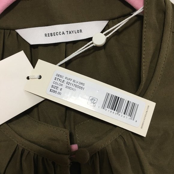 Rebecca Taylor NWT Womens 6 Knee Length Puff Sleeve Dress Dark Olive - Picture 5 of 15
